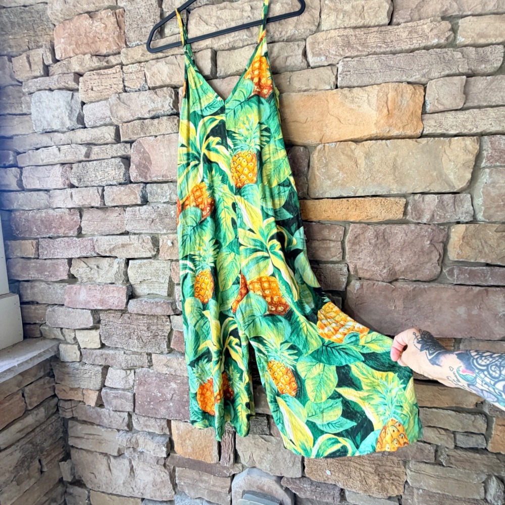 Jams World Women XS Jumpsuit Tropical Pineapple Hawaiian Wide Leg Resort Beach
